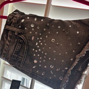 Fashion Nova Razzle Dazzle Embellished Cut Off Denim Shorts